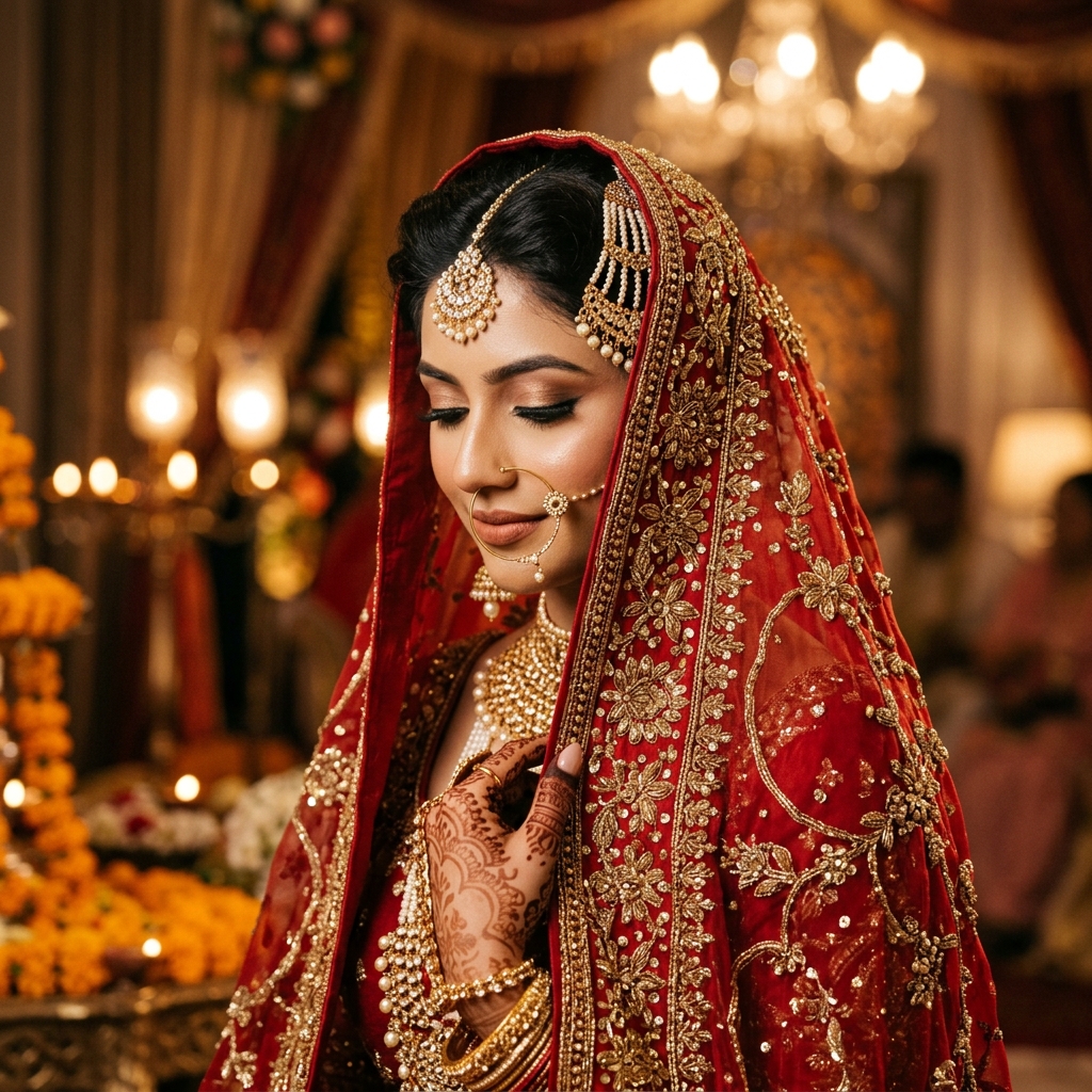 Beautiful South Asian bride with a red veil
