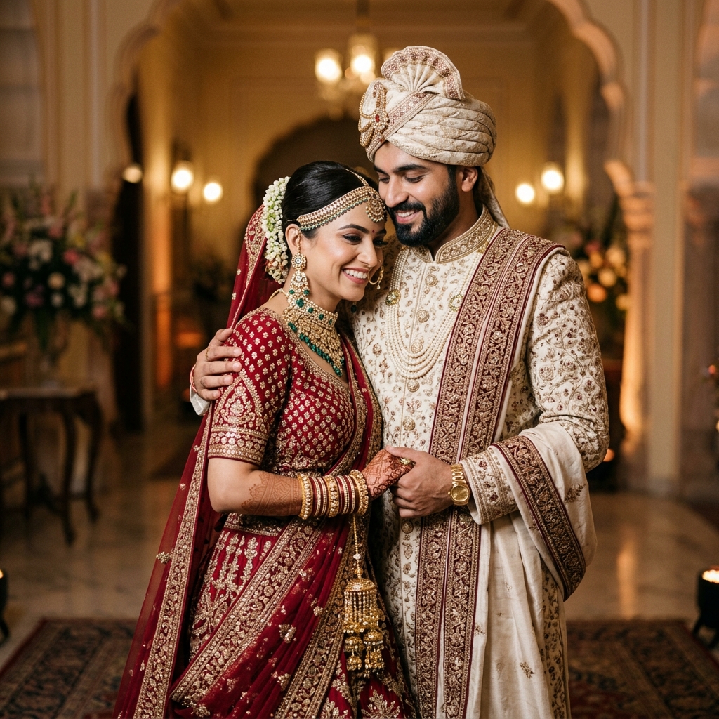 South Asian bride and groom in traditional wedding attire